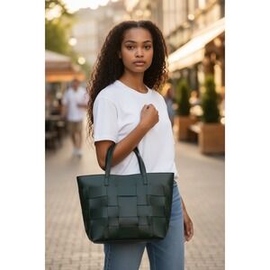 Woven Tote Bag Black Faux Leather Top Handle Bag Everyday Purse